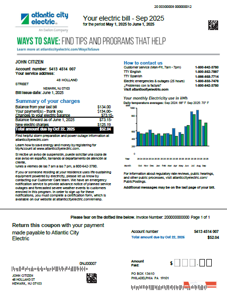 USA Atlantic City Electric utility bill template in Word and PDF formats, version 2